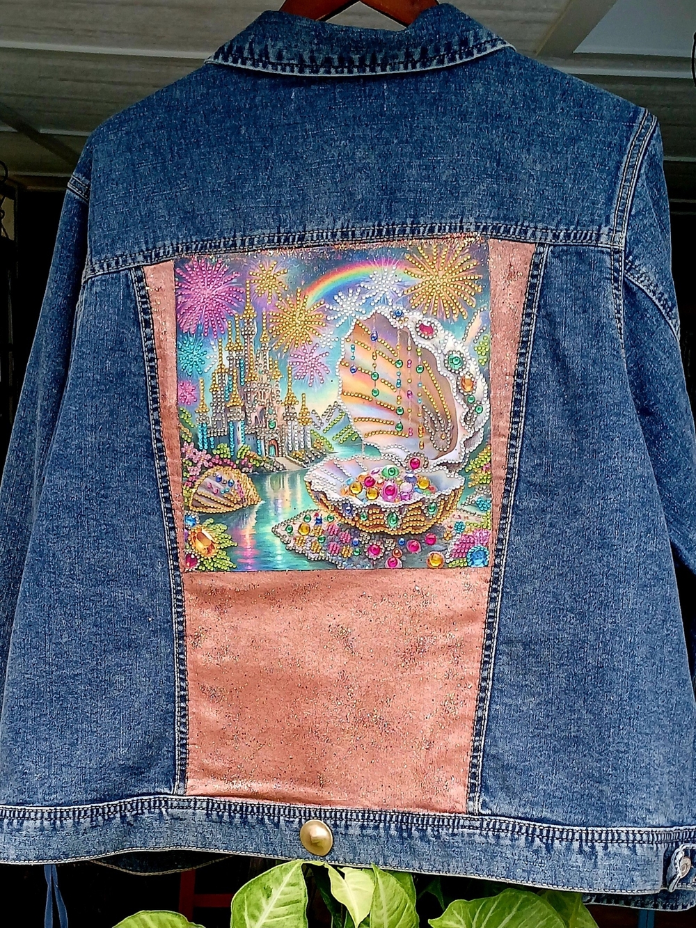 Womens 22/24 Denim Jacket with Pink Pearl and Rainbow Fantasy Back Panel